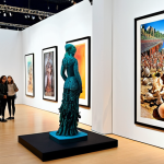 **Prompt:** "A bustling, modern art fair, showcasing a seamless fusion of physical artworks and advanced digital displays. Visitors interact with both tangible sculptures and vibrant virtual viewing rooms on large screens. The atmosphere is globally diverse, with a focus on cutting-edge technology enhancing traditional art appreciation, in a bright, contemporary exhibition space."