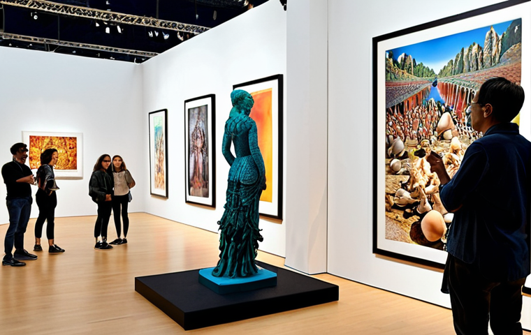 **Prompt:** "A bustling, modern art fair, showcasing a seamless fusion of physical artworks and advanced digital displays. Visitors interact with both tangible sculptures and vibrant virtual viewing rooms on large screens. The atmosphere is globally diverse, with a focus on cutting-edge technology enhancing traditional art appreciation, in a bright, contemporary exhibition space."