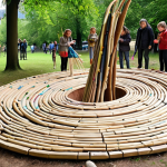 A vibrant outdoor scene in a public park in a German city. A diverse group of children and adults are joyfully collaborating on a large-scale environmental art project. They are using a mix of natural elements like branches, leaves, and stones, along with meticulously cleaned recycled materials such as repurposed fabrics and plastic bottle parts. Some are painting on a large, communal canvas, while others are assembling a symbolic sculpture, perhaps resembling an abstract "giant fish" or a swirling vortex, emphasizing the beauty of upcycled materials and the shared connection to nature. The atmosphere is bright, collaborative, and full of hands-on creativity under natural daylight.