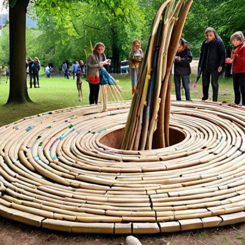 Home 15 A vibrant outdoor scene in a public park in a German city. A diverse group of children and adults are joyfully collaborating on a large-scale environmental art project. They are using a mix of natural elements like branches, leaves, and stones, along with meticulously cleaned recycled materials such as repurposed fabrics and plastic bottle parts. Some are painting on a large, communal canvas, while others are assembling a symbolic sculpture, perhaps resembling an abstract "giant fish" or a swirling vortex, emphasizing the beauty of upcycled materials and the shared connection to nature. The atmosphere is bright, collaborative, and full of hands-on creativity under natural daylight.