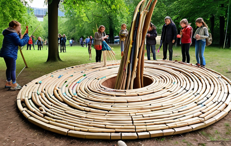 A vibrant outdoor scene in a public park in a German city. A diverse group of children and adults are joyfully collaborating on a large-scale environmental art project. They are using a mix of natural elements like branches, leaves, and stones, along with meticulously cleaned recycled materials such as repurposed fabrics and plastic bottle parts. Some are painting on a large, communal canvas, while others are assembling a symbolic sculpture, perhaps resembling an abstract "giant fish" or a swirling vortex, emphasizing the beauty of upcycled materials and the shared connection to nature. The atmosphere is bright, collaborative, and full of hands-on creativity under natural daylight.