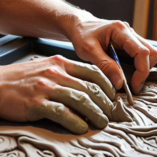 Home 8 A close-up perspective of hands actively engaged in tactile artistic creation, such as sculpting clay or applying paint to a canvas. The scene should vividly convey a state of intense focus and creative flow, with subtle, radiating energy suggesting heightened cognitive activity and the formation of new ideas. Emphasize textures and the connection between the hands and the material. Dynamic, focused lighting.
