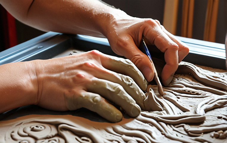 A close-up perspective of hands actively engaged in tactile artistic creation, such as sculpting clay or applying paint to a canvas. The scene should vividly convey a state of intense focus and creative flow, with subtle, radiating energy suggesting heightened cognitive activity and the formation of new ideas. Emphasize textures and the connection between the hands and the material. Dynamic, focused lighting.