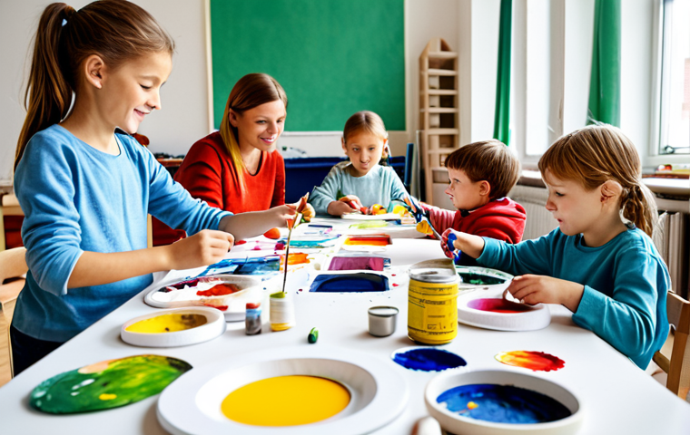 A group of fully clothed children participating in a creative art workshop in a brightly lit studio in Berlin. They are painting and crafting with various materials. The scene is family-friendly, safe for work, and depicts children's art supplies scattered around. Perfect anatomy, natural proportions, appropriate content, professional quality.