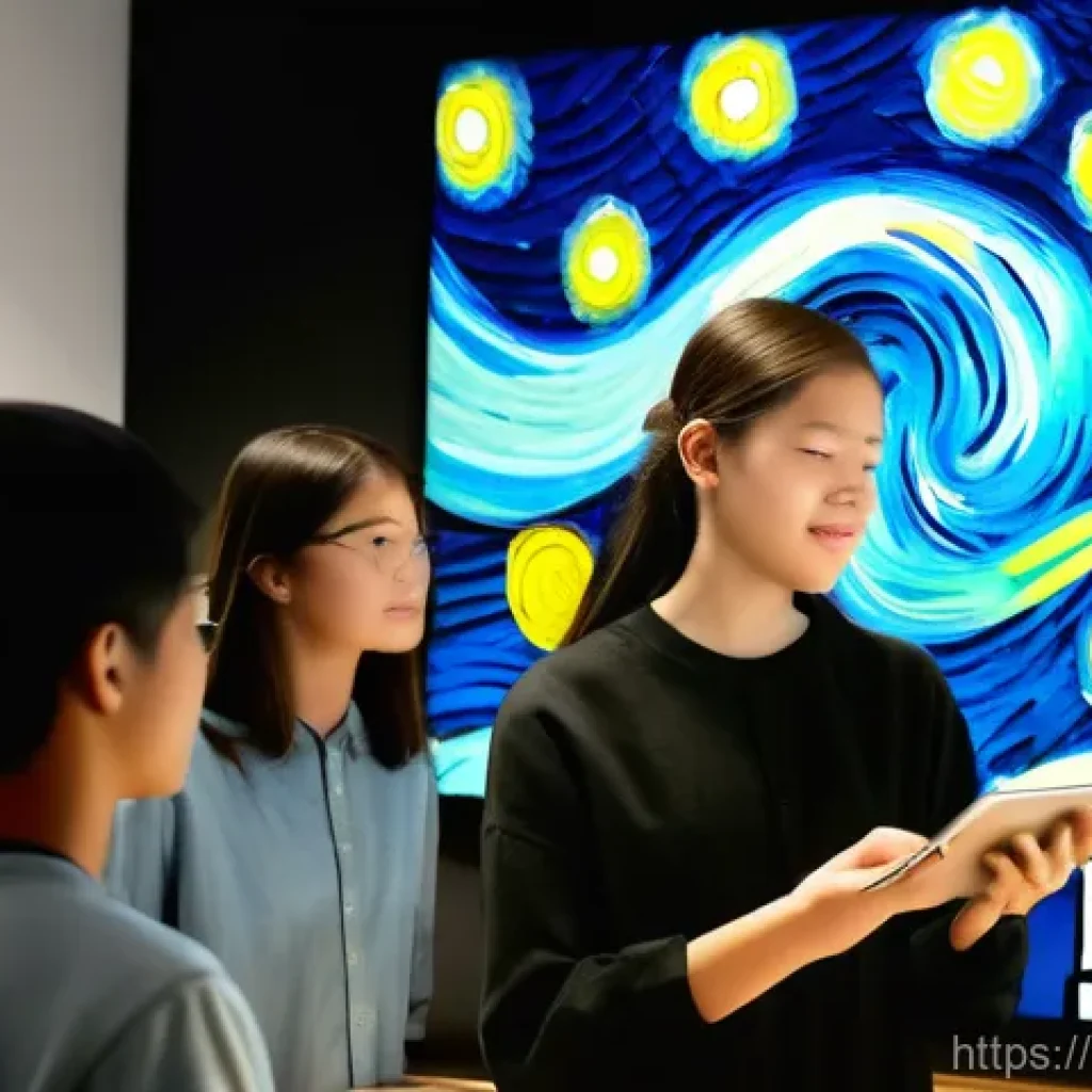 미술 교육에서의 AR 활용법 - **"AR Art Immersion in a Classroom"**
A group of diverse teenagers (15-17 years old), dressed in...