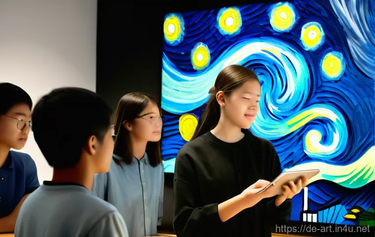 미술 교육에서의 AR 활용법 - **"AR Art Immersion in a Classroom"**
A group of diverse teenagers (15-17 years old), dressed in...