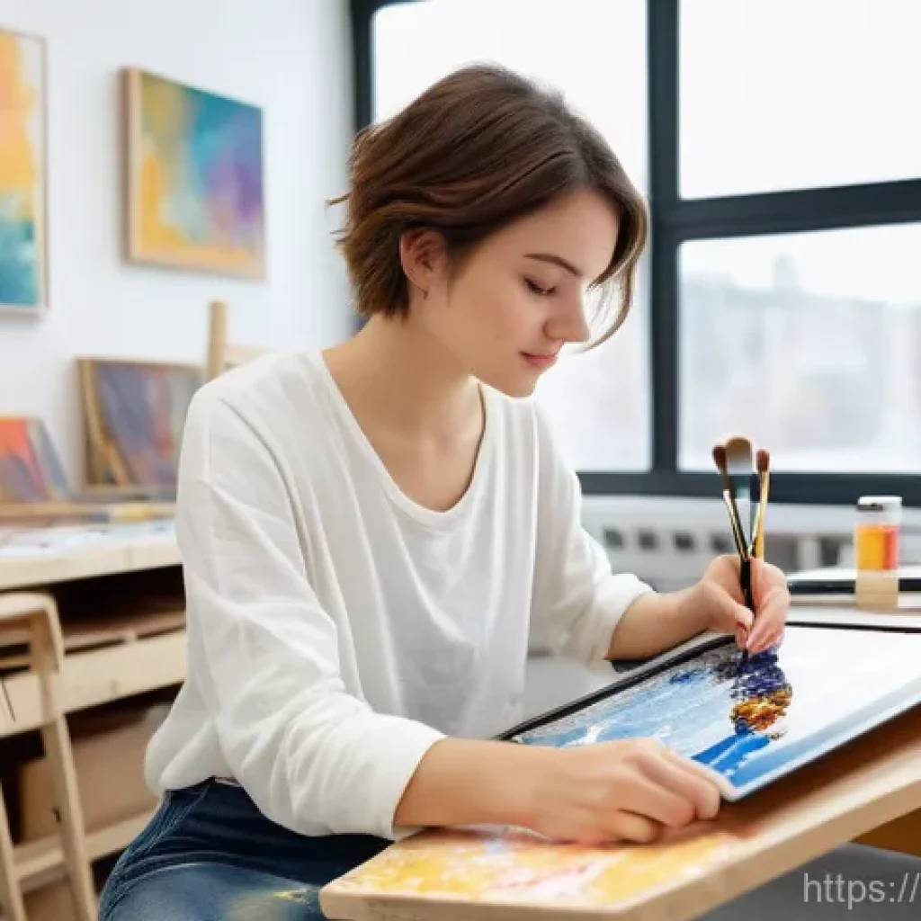 미술 교육과 인터랙티브 디자인 - **Prompt**: A young female artist, in her early twenties with short, stylish brown hair, wearing com...