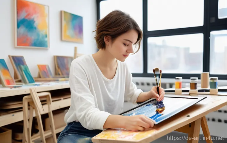 미술 교육과 인터랙티브 디자인 - **Prompt**: A young female artist, in her early twenties with short, stylish brown hair, wearing com...
