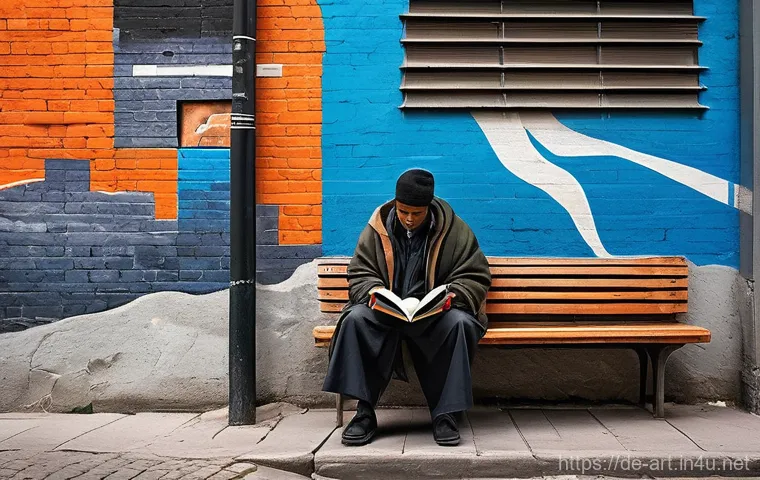 미술과 사회적 메시지 - **Prompt 1: Urban Homelessness Awareness Mural**
A vibrant and poignant street art mural on a we...