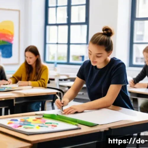 Home 32 미술 교육과 예술 창업 가이드 - A vibrant classroom scene in a modern German art school featuring diverse students engaged in creati...