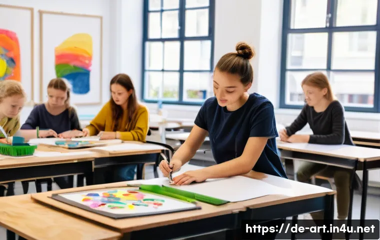 미술 교육과 예술 창업 가이드 - A vibrant classroom scene in a modern German art school featuring diverse students engaged in creati...