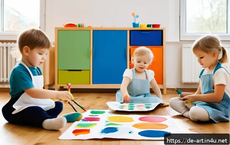 유아 미술 교육 이론 - A bright and lively early childhood classroom scene in Germany where diverse children, aged around 4...