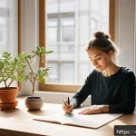 Home 17 미술 교육과 서예 - A serene, sunlit workspace in a modern German apartment, featuring a person practicing calligraphy w...