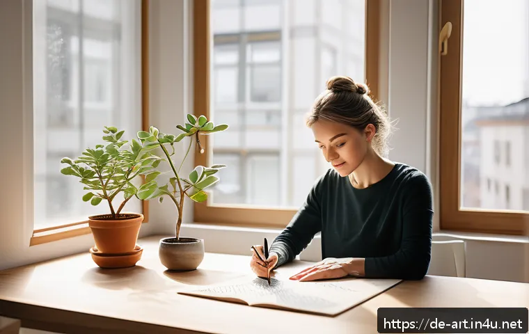 미술 교육과 서예 - A serene, sunlit workspace in a modern German apartment, featuring a person practicing calligraphy w...